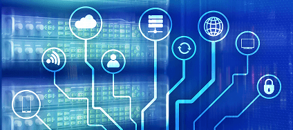 Digital network concept with glowing icons representing cloud, user, server, globe, and security over a server rack background.