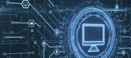 Digital circuit board with a glowing computer monitor icon surrounded by tech symbols and data lines.
