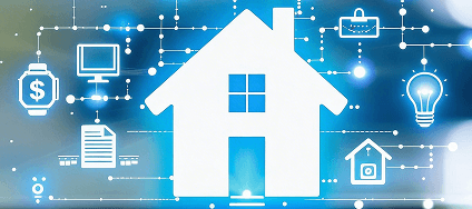 White house icon surrounded by technology and finance symbols connected with glowing nodes on a blue digital background.